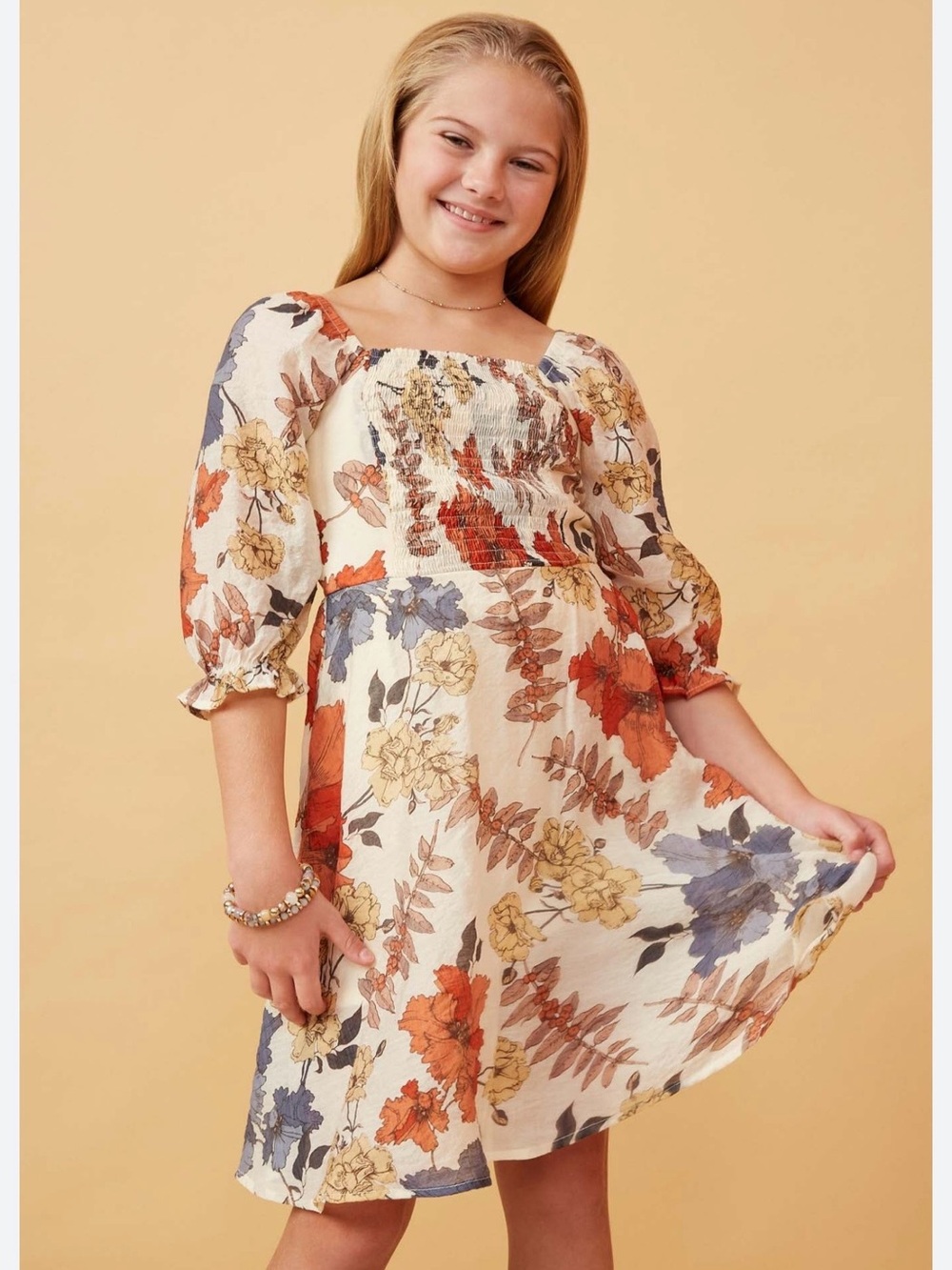 Hayden Girls Cream Floral Smocked Midi Dress with Orange & Blue Blooms Size L